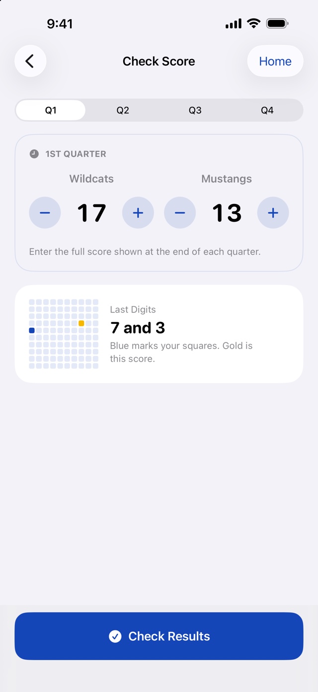 Check Score screen with Wildcats 17 and Mustangs 13 and the last digits 7 and 3