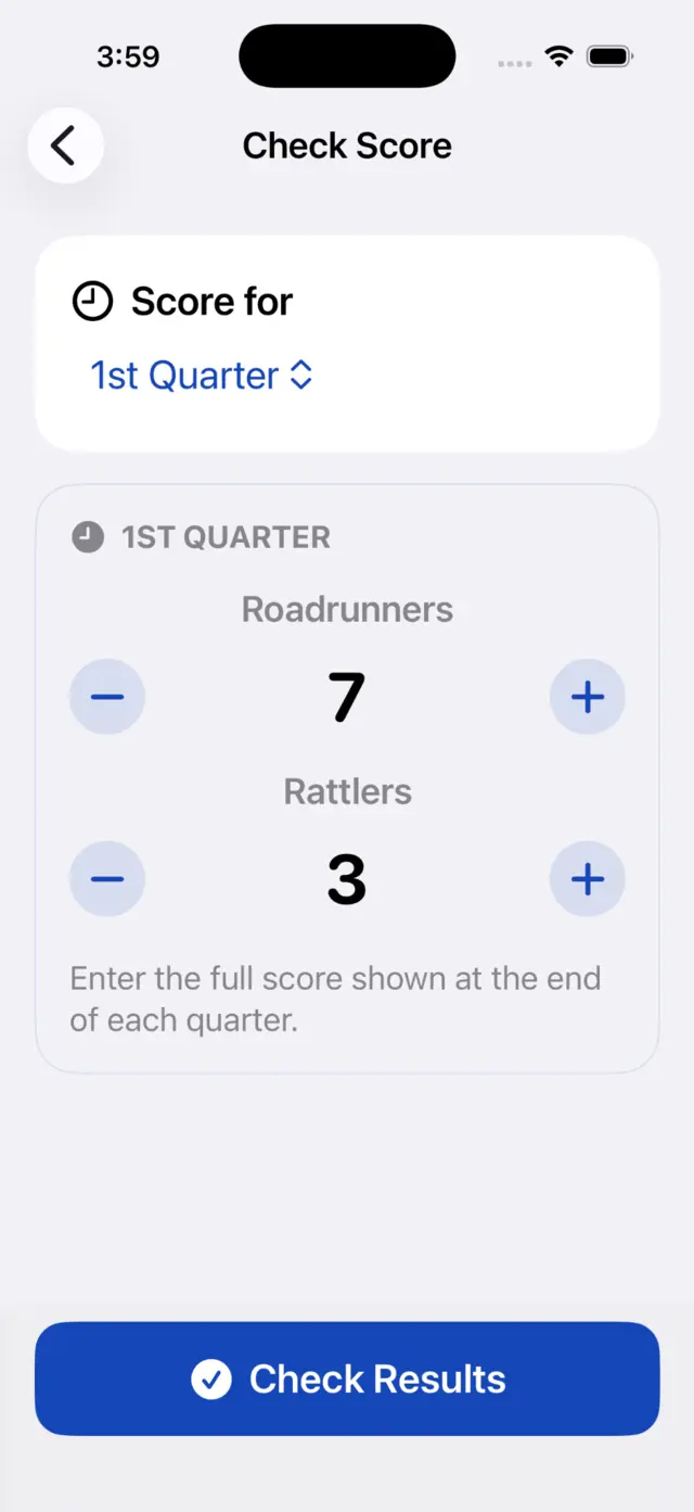 Check Score screen with Roadrunners 7 and Rattlers 3