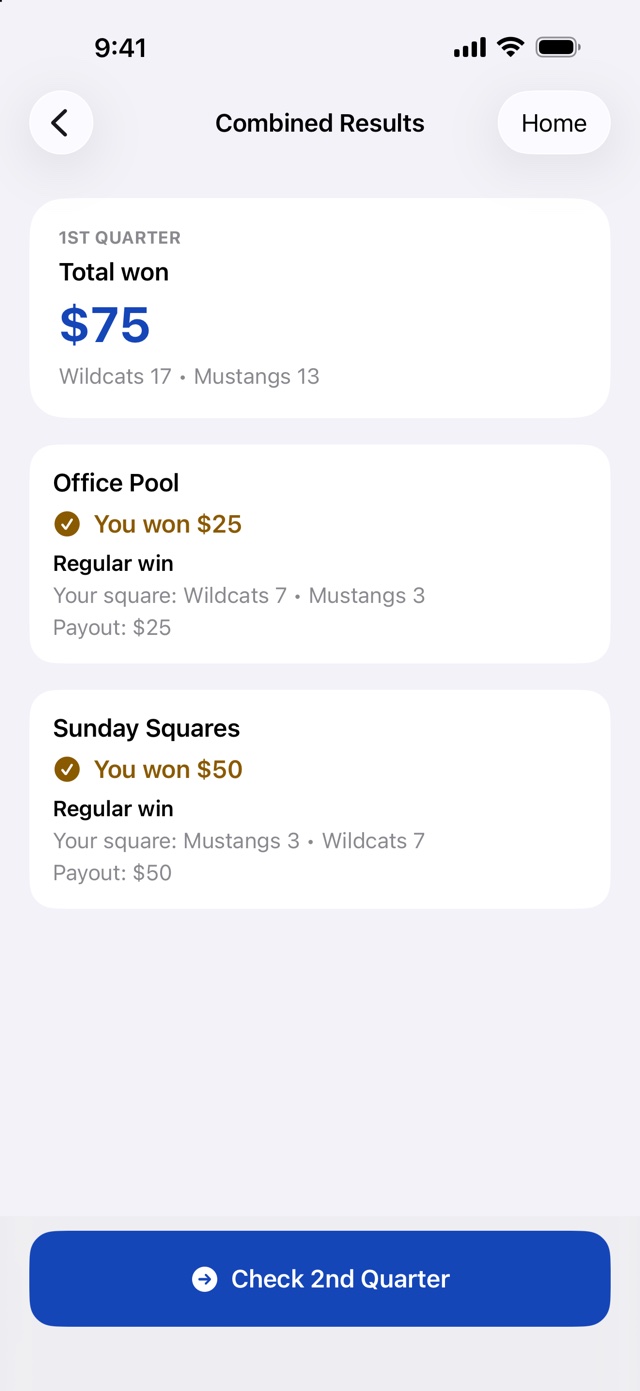 Combined Results screen showing $75 won across two boards for the same game