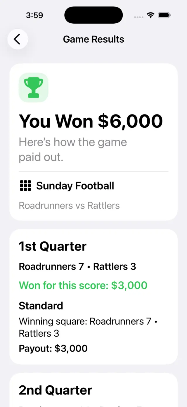 Game Results screen showing total winnings across grouped football squares boards