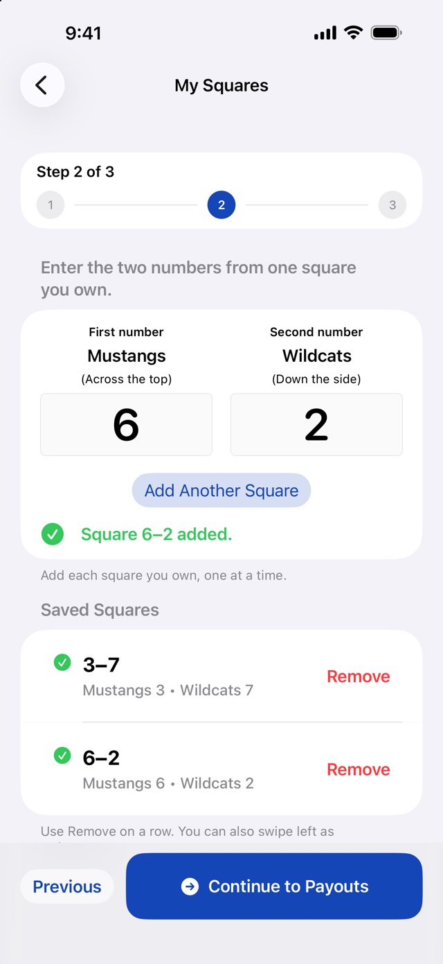 My Squares screen with squares 3–7 and 6–2 saved for Mustangs and Wildcats