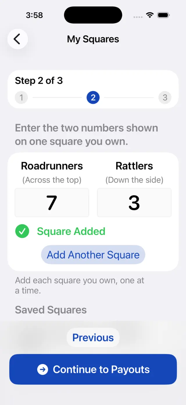 My Squares screen with Roadrunners 7 and Rattlers 3 saved