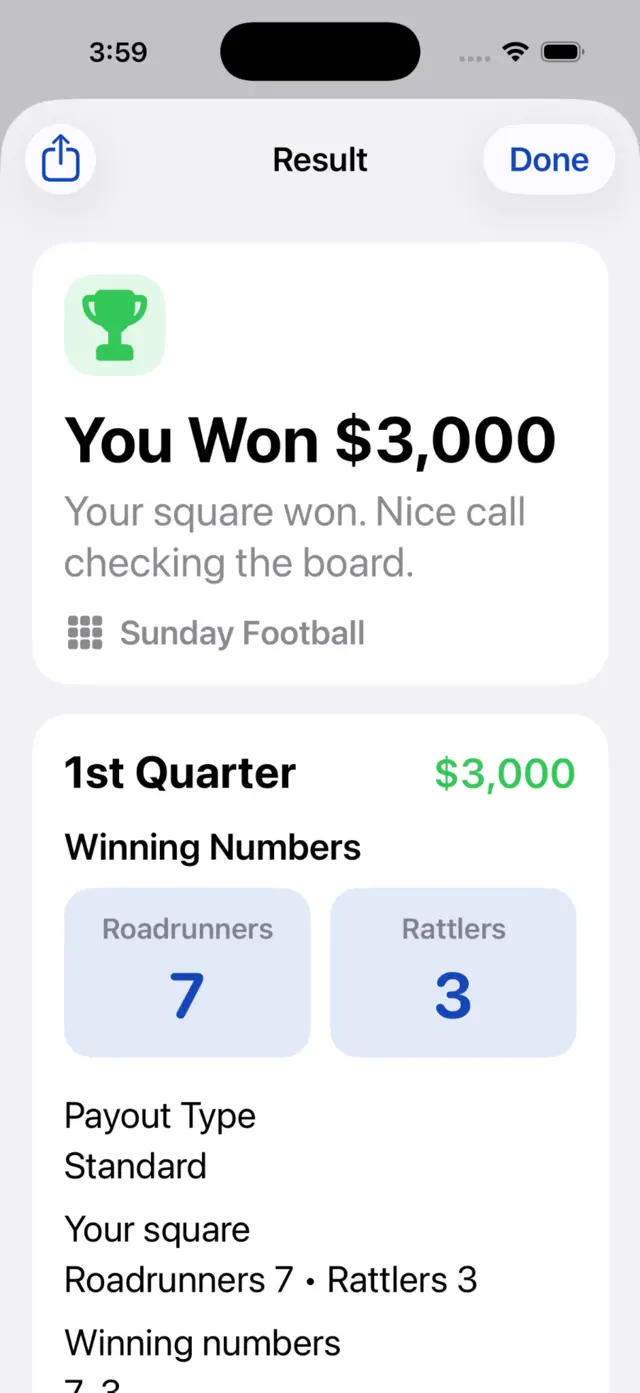 Winning result screen showing a $3,000 win and winning numbers 7 and 3